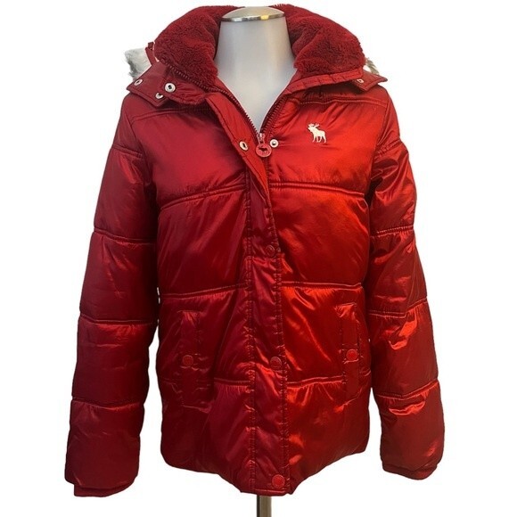 Abercrombie kids Red Puffer Jacket Zip Up Front with Hood Size 13/14